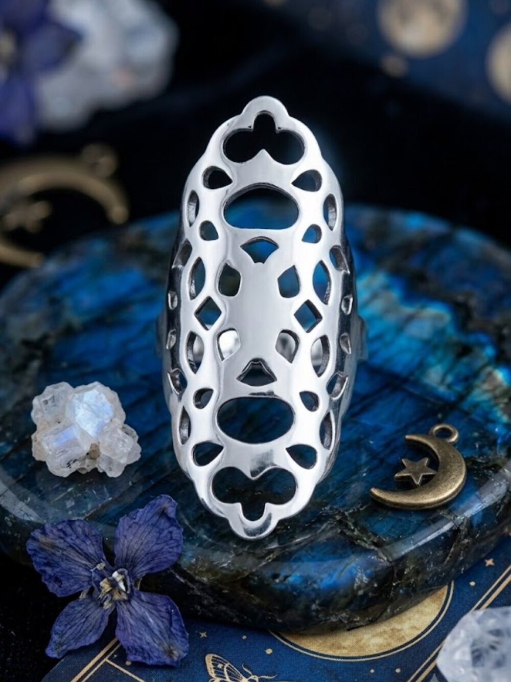 Silver Filigree Armor Ring Openwork Gothic Whimsigoth Statement 316L Steel Sz 8